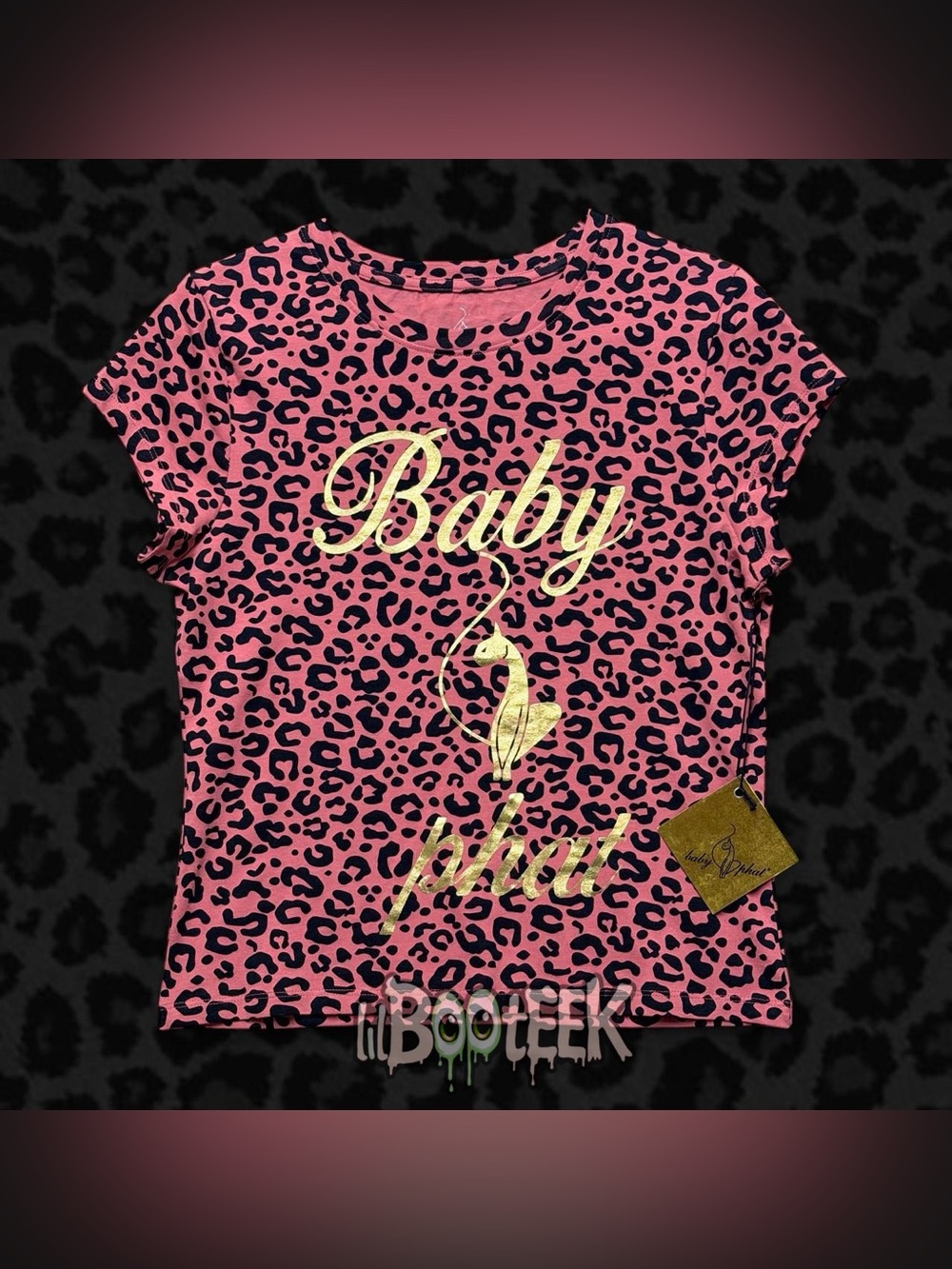 Baby Phat LG Mauve Leopard Print Tee w Metallic Gold Logo NWT Y2K